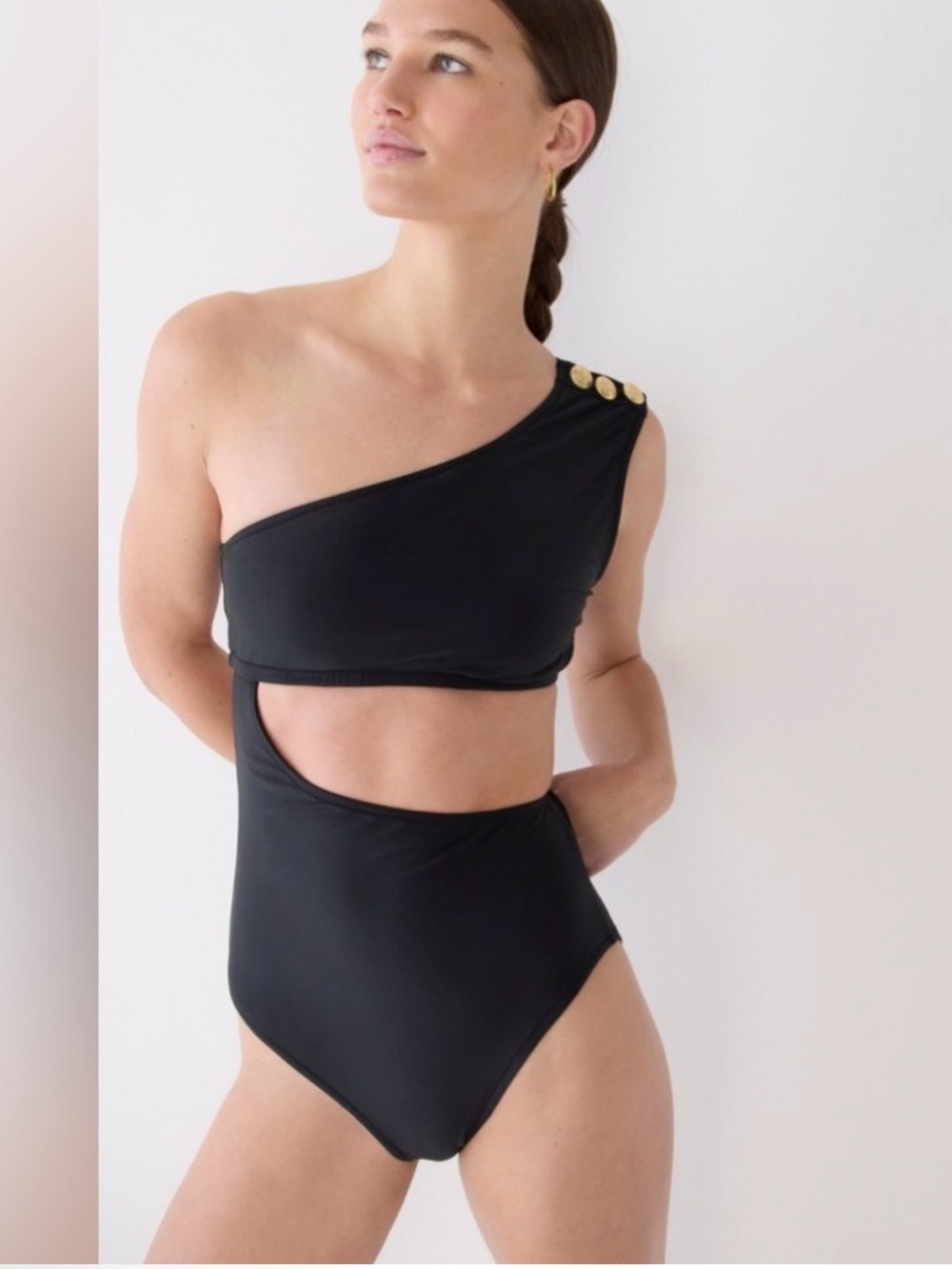 J. Crew Navy One-Shoulder Cutout Swimsuit with Gold Buttons